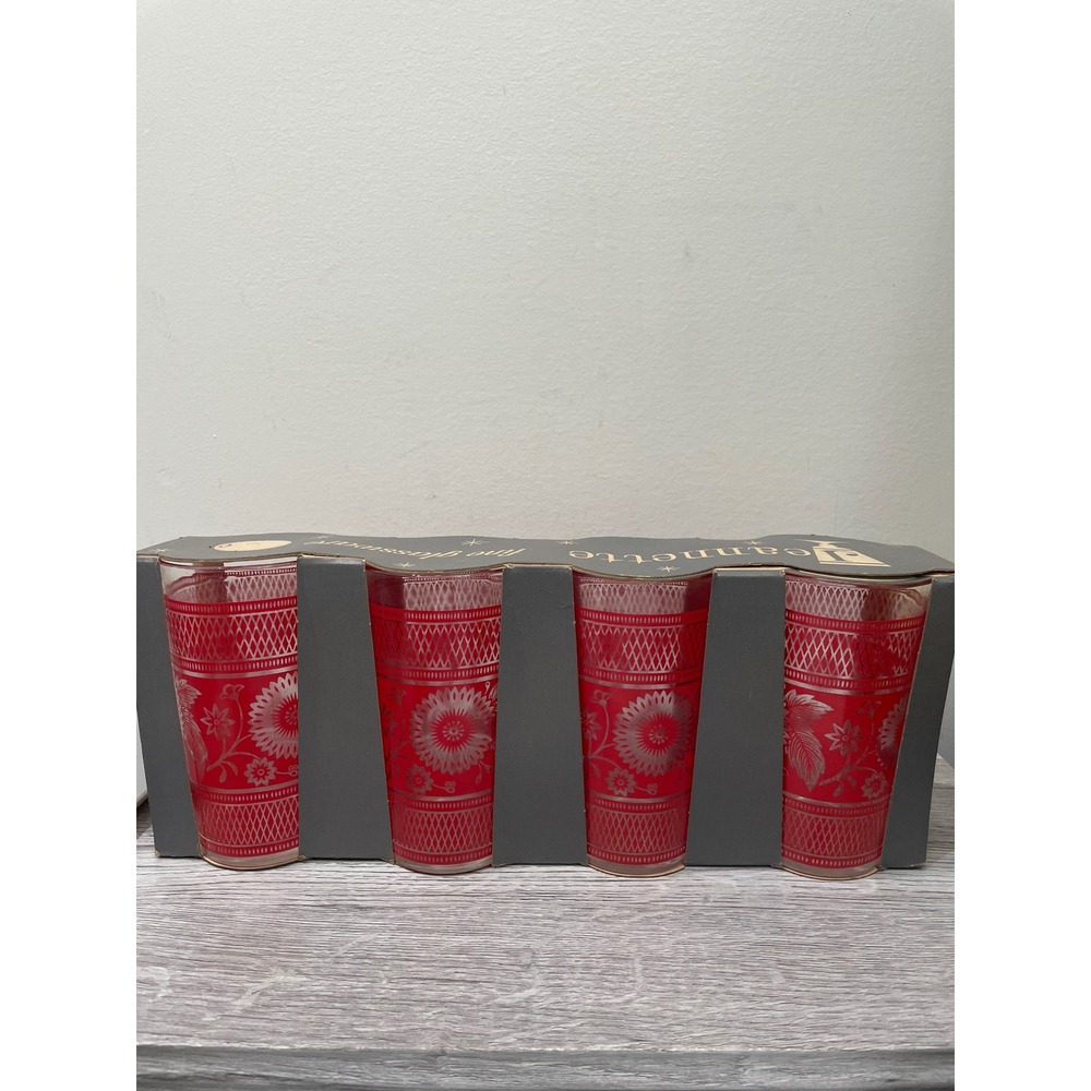Vintage Jeannette Glass Hellenic Red Silver Floral Tumblers Set of 4 in Box